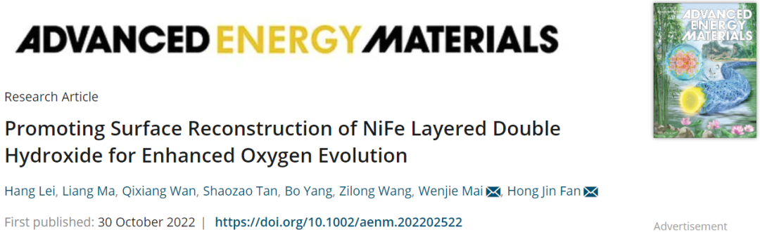 南洋理工/暨大AEM：NiFe LDH的表面重構助力OER