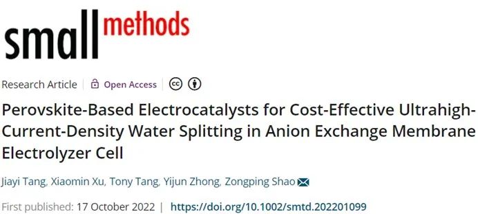 ?邵宗平Small Methods：鈣鈦礦基電催化劑在陰離子交換膜電解槽中的應(yīng)用