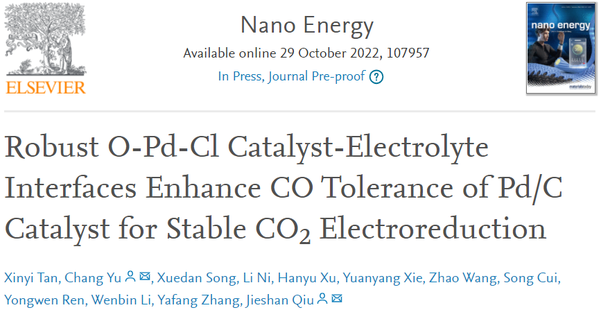 邱介山/于暢Nano Energy：FE近100%！O-Pd-Cl催化劑-電解質界面增強Pd/C催化劑助力CO2電還原為CO