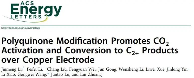 ?武大王功偉ACS Energy Letters：對苯二酚改性銅電極，促進CO2活化和轉化為C2+