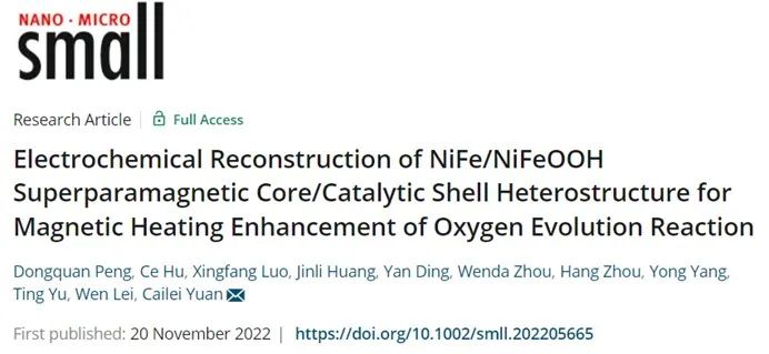 ?江西師大Small：NiFe/NiFeOOH超順磁性核/催化殼異質結構電化學重構用于磁加熱強化析氧反應