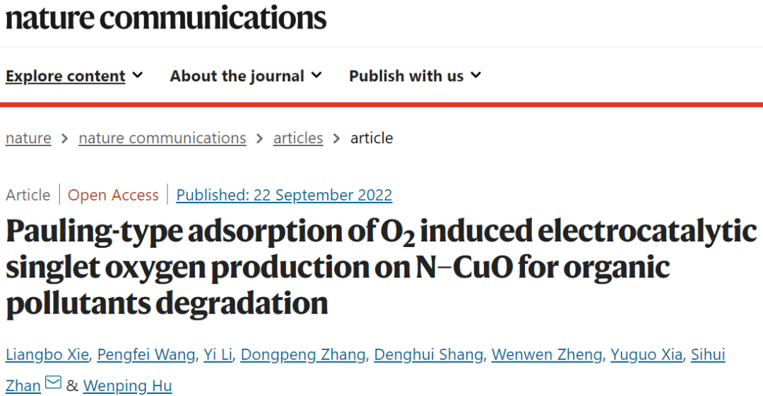 Nature子刊：N-CuO電催化O2產(chǎn)生1O2以降解有機(jī)污染物