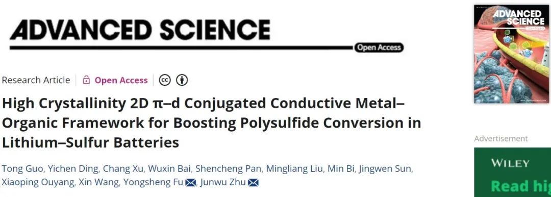 朱俊武/付永勝Adv. Sci.：π-d共軛導電MOF促進鋰硫電池中多硫化物轉化