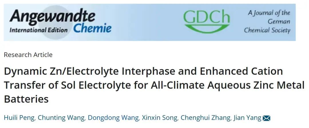 楊劍/汪冬冬Angew.：動態鋅/電解液界面及溶膠電解質增強的陽離子轉移實現全天候水系鋅金屬電池