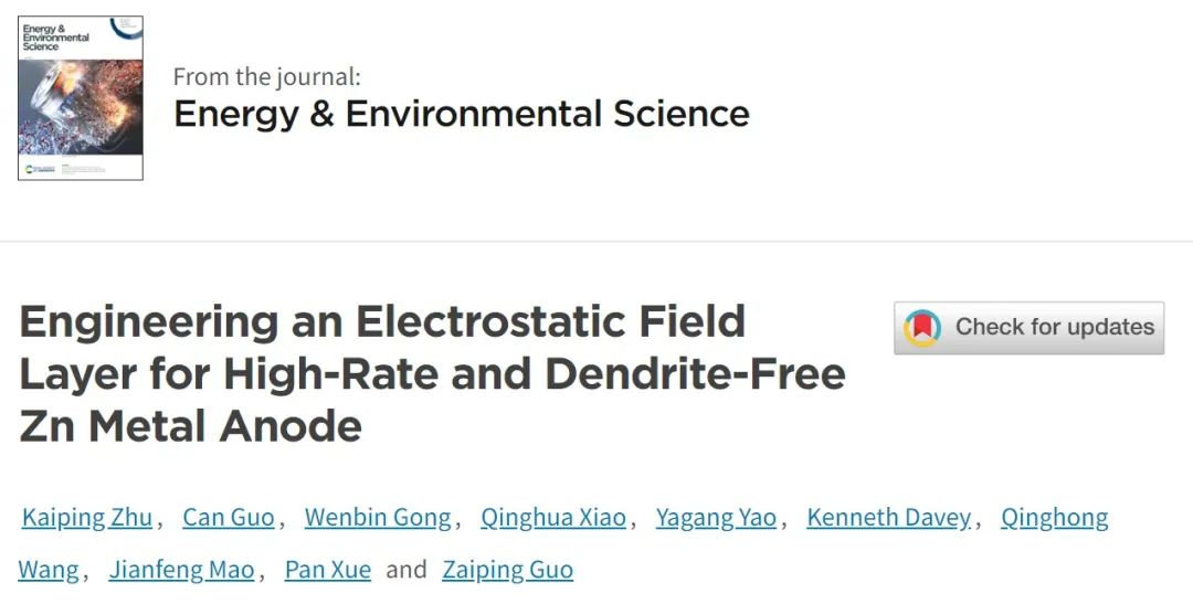 ?三單位EES：調控靜電場，實現高倍率和無枝晶鋅金屬負極