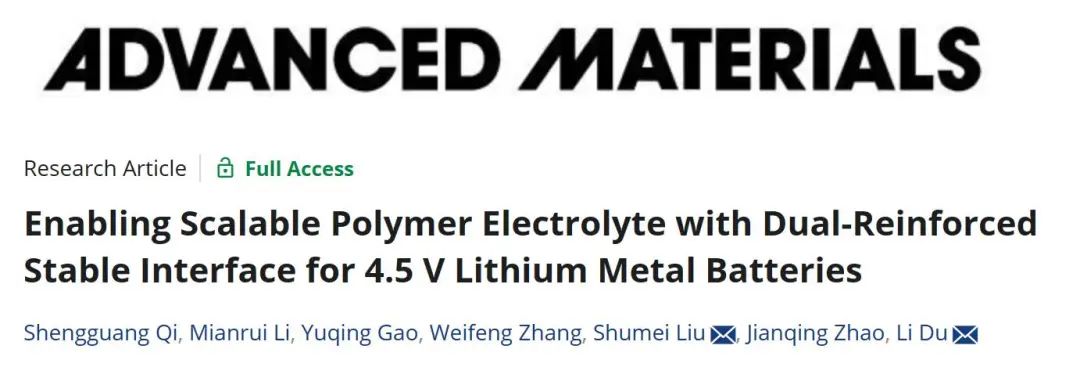 杜麗/劉述梅AM：雙強化穩(wěn)定界面的可擴展聚合物電解質(zhì)助力4.5 V鋰金屬電池