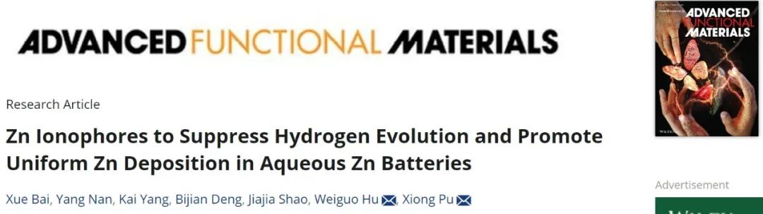 納米能源所蒲雄/胡衛國AFM：離子載體添加劑抑制鋅電池中的析氫并促進均勻沉積