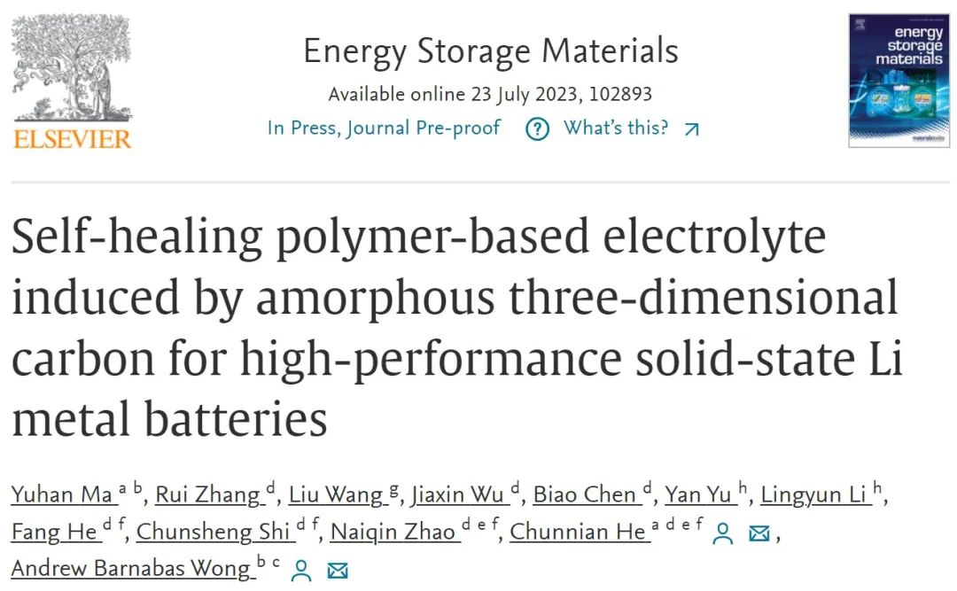 ?天大何春年等EnSM：非晶三維碳誘導的自修復聚合物電解質