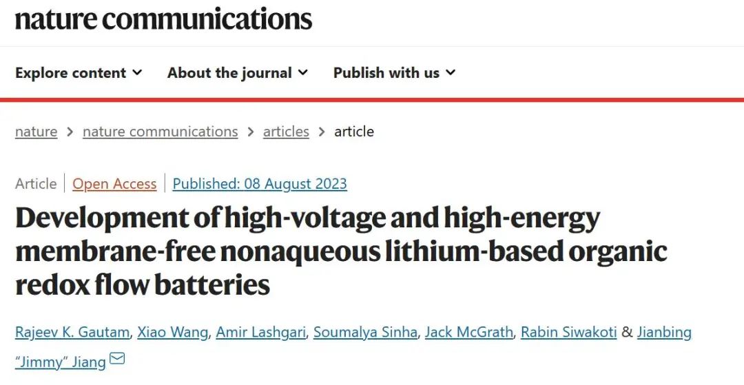 ?蔣建兵Nature子刊：高電壓高能無膜非水鋰基有機(jī)氧化還原液流電池的開發(fā)