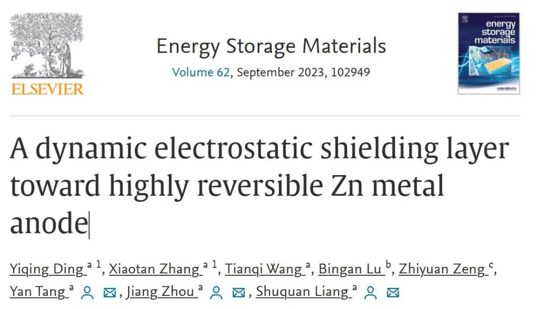 中南梁叔全/周江/唐艷EnSM：動態靜電屏蔽層用于高度可逆鋅金屬負極