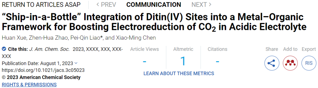 中山大學廖培欽JACS：瓶中載船！NU-1000-Sn酸性電還原CO2