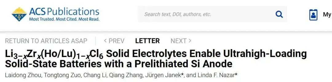 ACS Energy Letters：新型氯化物固體電解質實現預鋰化硅負極的超高負載固態電池