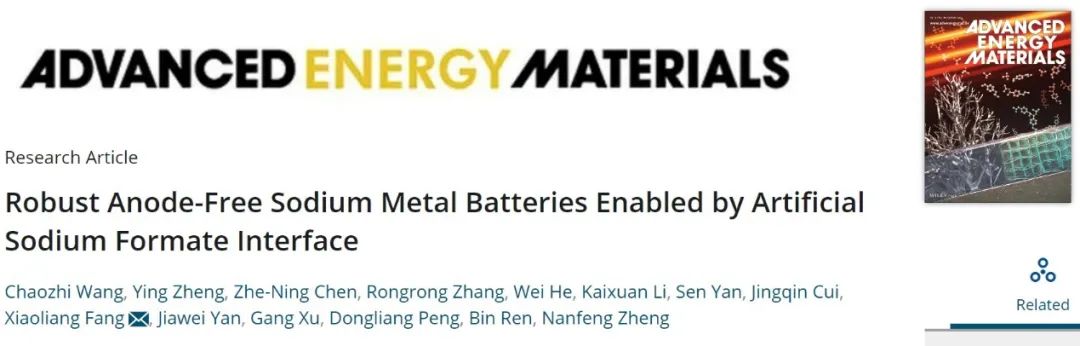 廈門(mén)大學(xué)方曉亮AEM：人工甲酸鈉SEI使無(wú)負(fù)極鈉金屬電池成為可能
