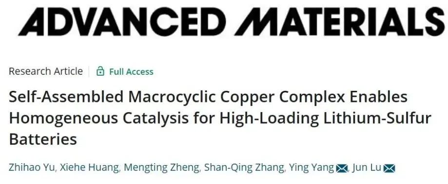 陸俊等AM：自組裝大環銅配合物均相催化高負載鋰硫電池