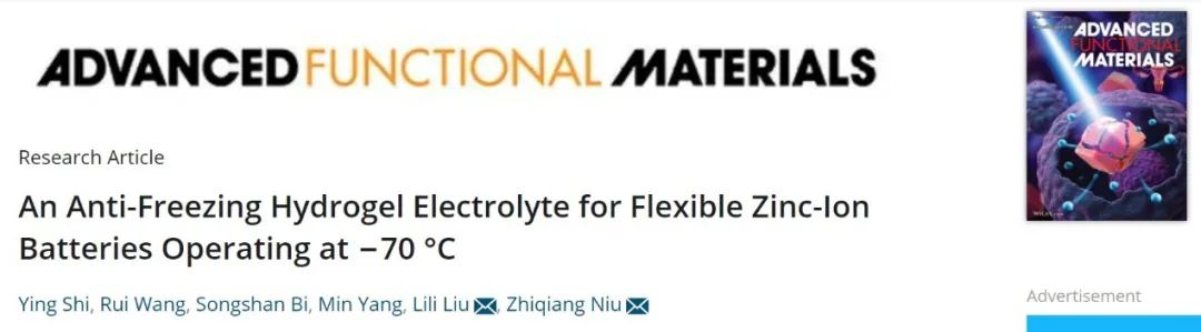 牛志強/劉麗麗AFM：耐-70℃的抗凍水凝膠電解質！