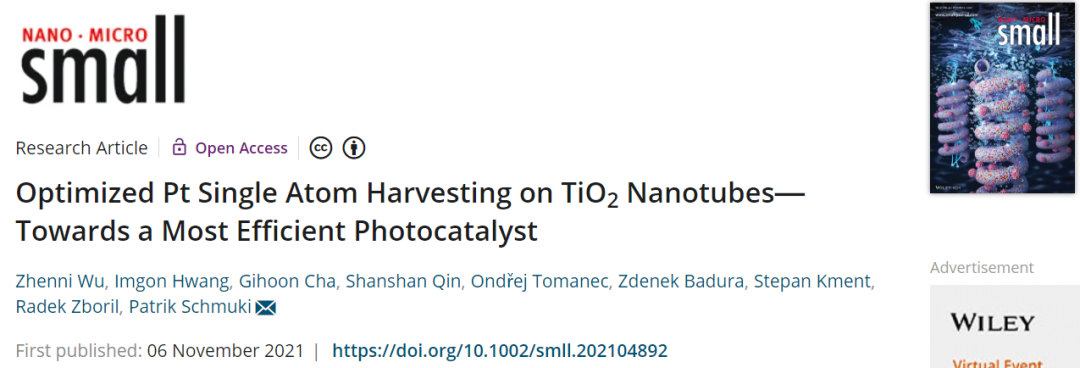 Small：優(yōu)化TiO2 NTs上的Pt單原子捕獲實現(xiàn)最高效的光催化劑