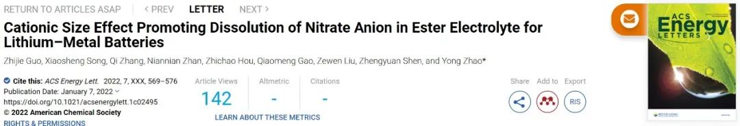 河大趙勇ACS Energy Lett.：陽離子尺寸效應促進NO3-在酯類電解液中的溶解