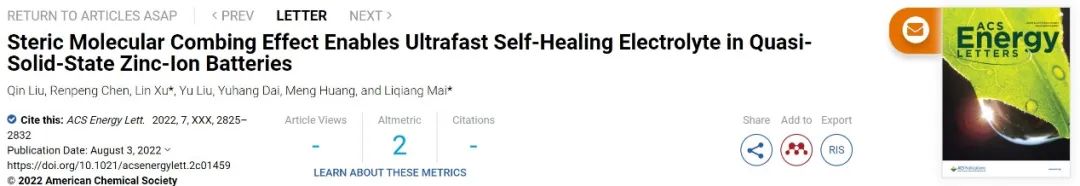 ?麥立強/徐林ACS Energy Letters：循環達10000次，超穩定準固態鋅離子電池！
