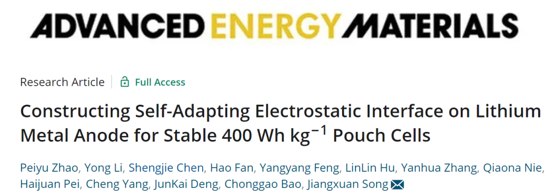 西交宋江選AEM: 在鋰負極構(gòu)建自適應(yīng)靜電界面實現(xiàn)400 Wh/kg軟包電池！