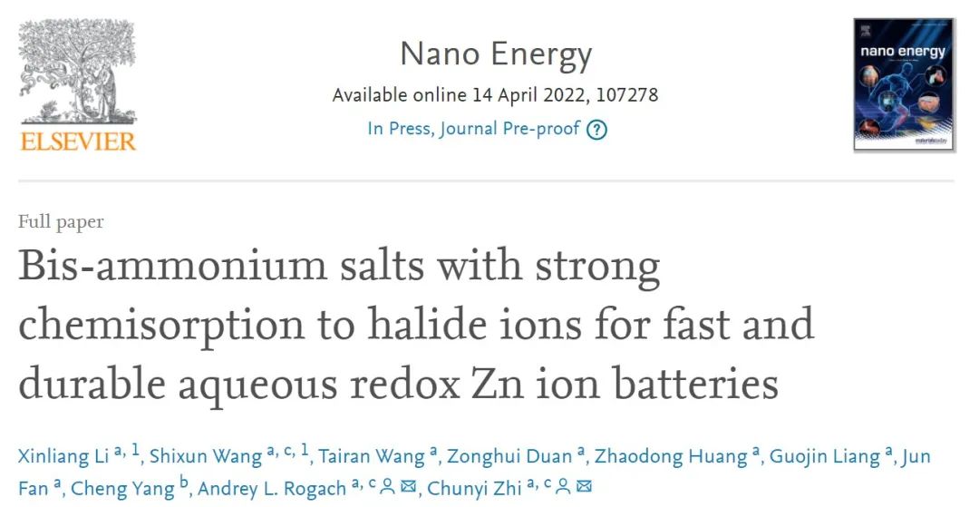 支春義Nano Energy：雙銨鹽正極助力水系鋅離子電池10000次循環！