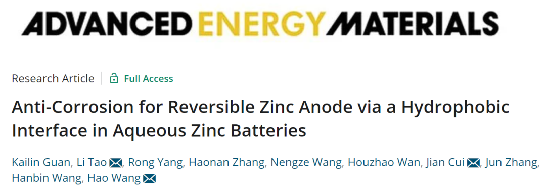AEM: 用于實現可逆穩定鋅負極的防腐疏水界面