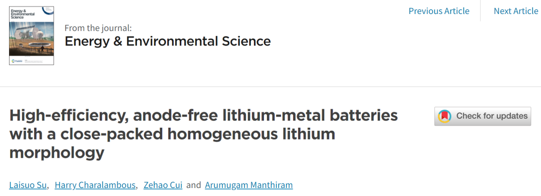 Arumugam Manthiram教授EES: 揭秘先進電解液提升無負極鋰金屬電池性能的機制