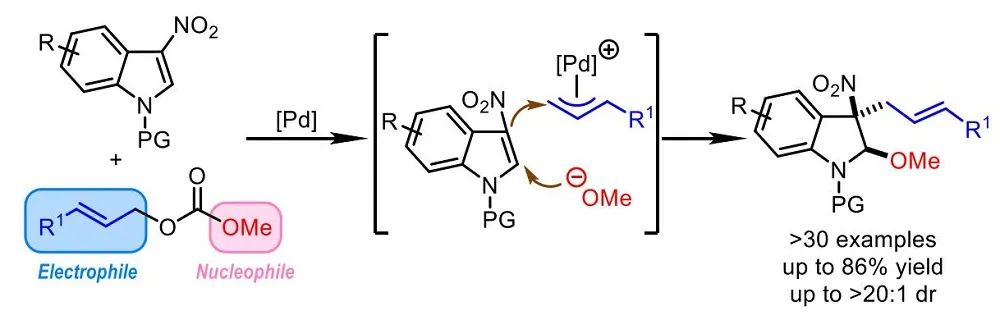 游書力Angew.：Pd催化3-硝基吲哚與碳酸烯丙酯的脫芳甲氧基烯丙基化反應
