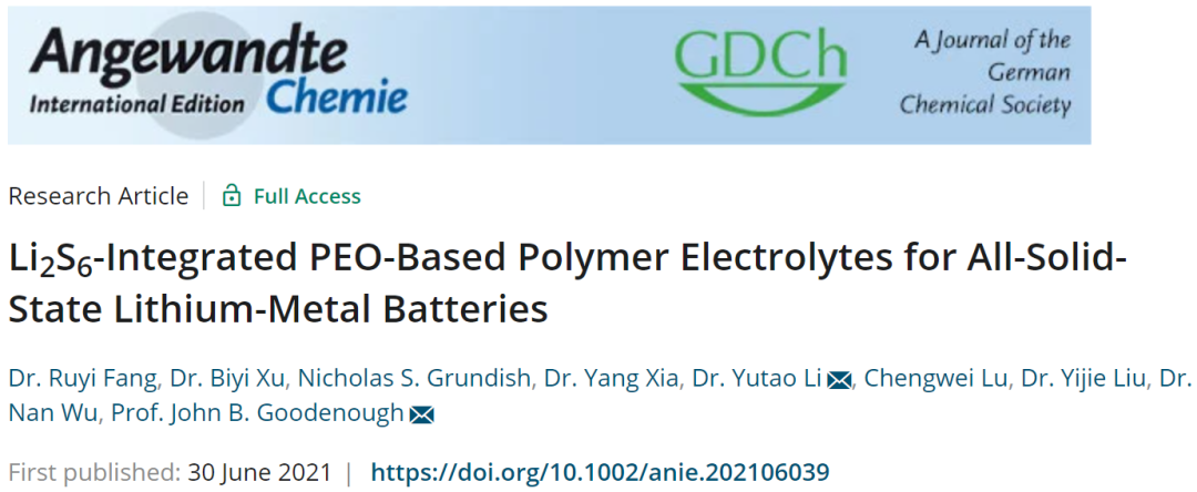 Goodenough&李玉濤等Angew: 用于全固態鋰金屬電池的Li2S6集成PEO基聚合物電解質