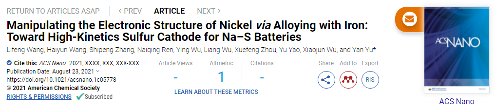 中科大余彥ACS Nano: 通過與Fe合金化調控Ni的電子結構，用于Na-S電池高動力學硫正極