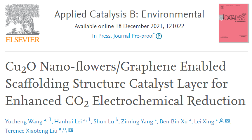 Appl. Catal. B.：Cu2O納米花/石墨烯支架結構催化劑層增強CO2電化學還原