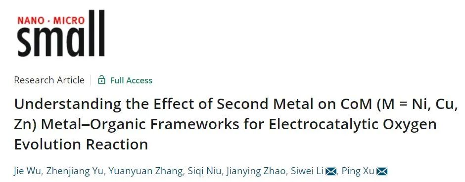 哈工大徐平/李思偉Small: 了解第二金屬對(duì)用于電催化OER的CoM(M = Ni、Cu、Zn) MOF的影響