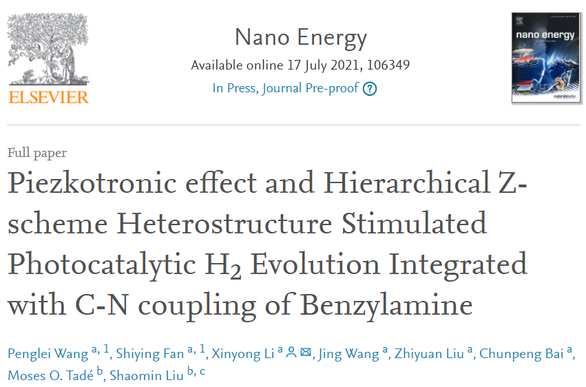 李新勇Nano Energy：BaTiO3@ZnIn2S4異質結構助力光催化析氫與芐胺的C-N偶聯