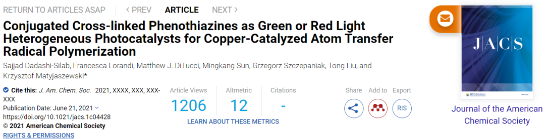 JACS：共軛交聯吩噻嗪作為綠光或紅光多相光催化劑用于銅催化ATRP
