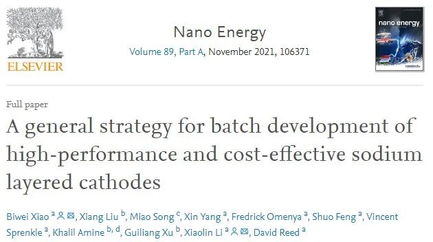 Nano Energy：批量開發高性能、低成本的鈉層狀正極的一般策略