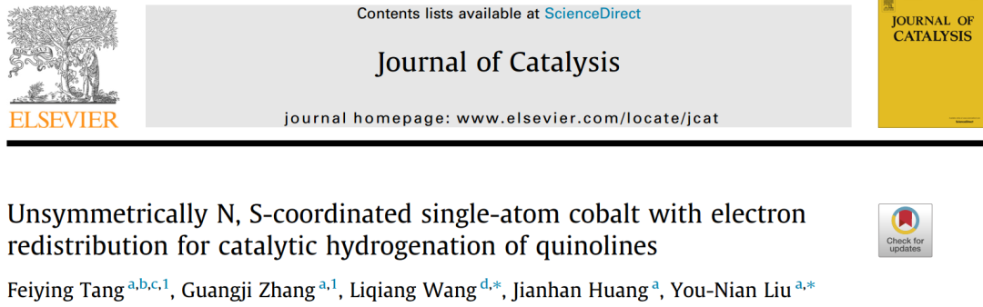 ?中南/鄭大J. Catal.：不對稱N、S配位的單原子鈷與電子再分布用于催化加氫喹啉