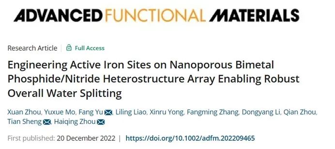 AFM：納米多孔雙金屬磷化物/氮化物異質(zhì)結(jié)陣列上的活性鐵位點實現(xiàn)高效全水解