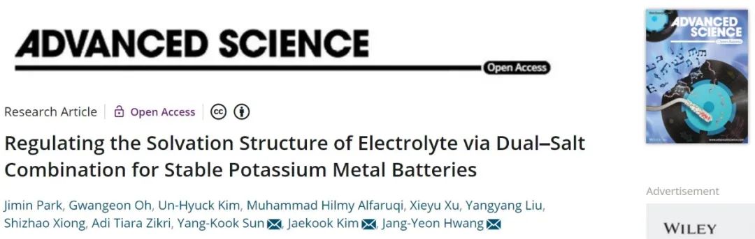 Adv. Sci.：通過雙鹽組合調節電解液溶劑化結構實現穩定的鉀金屬電池