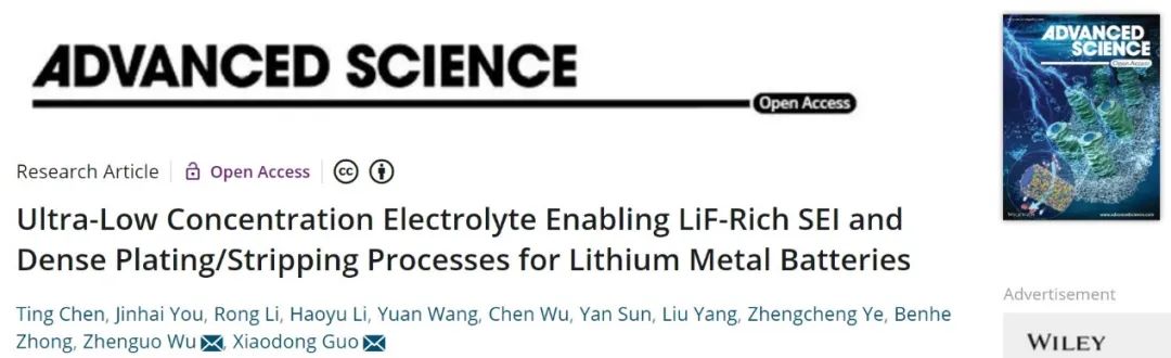 郭孝東/吳振國Adv. Sci.：超低濃度電解液實現高穩定鋰金屬電池！