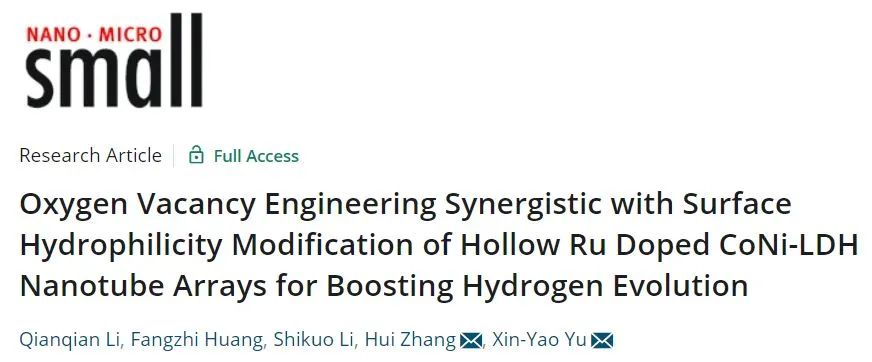 安大遇鑫遙/張惠Small: 性能不好？來摻點Ru！氧空位調節和表面親水改性協同促進電催化HER