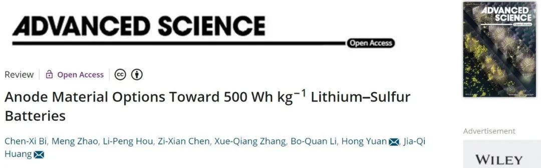 北理黃佳琦/袁洪Adv. Sci.：500 Wh/kg鋰硫電池的負極材料選擇