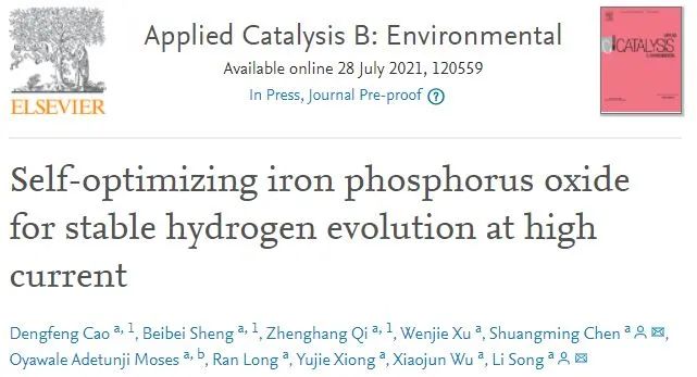 ?宋禮/陳雙明Appl. Catal. B.: 自優化鐵磷氧化物電催化劑在高電流下高效穩定HER