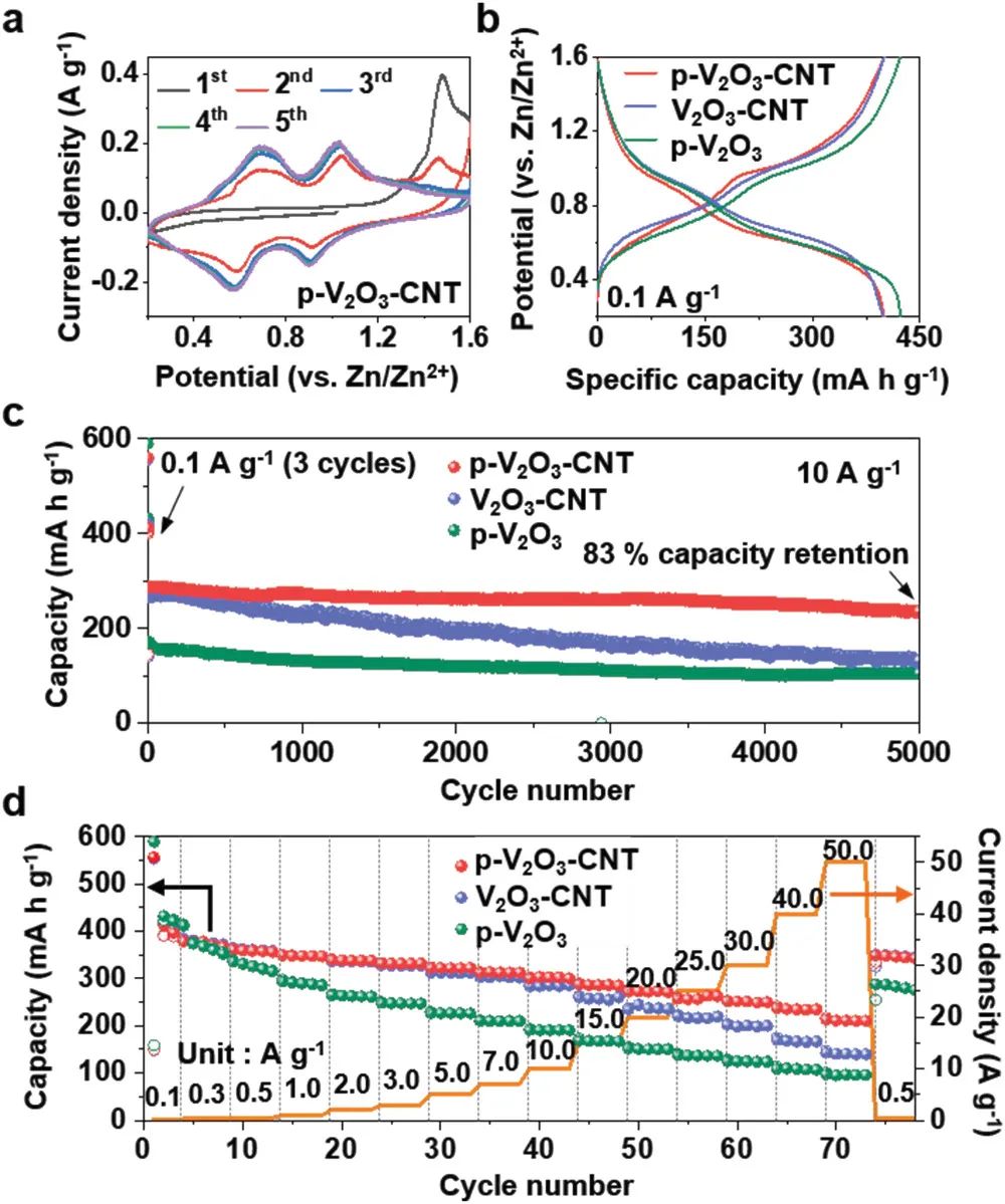 高麗大學Small Methods: 錨定大孔隙碳納米管微球來提高V2O3的電化學性能，用于超快、長壽命的水系鋅離子電池