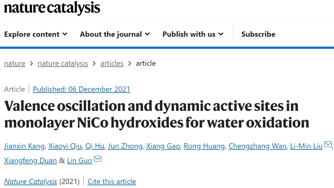 北航劉利民/郭林Nat. Catal.：單層NiCo氫氧化物用于電催化OER，并揭示其價態變化和動態活性位點