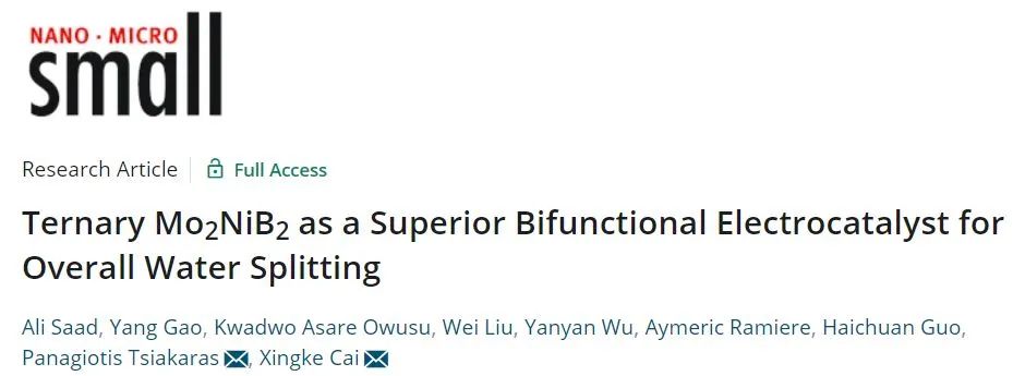 深大/色薩利大學(xué)Small: 有Ni又有Mo，高效催化HER和OER不發(fā)怵！雙功能Mo2NiB2用于全分解水