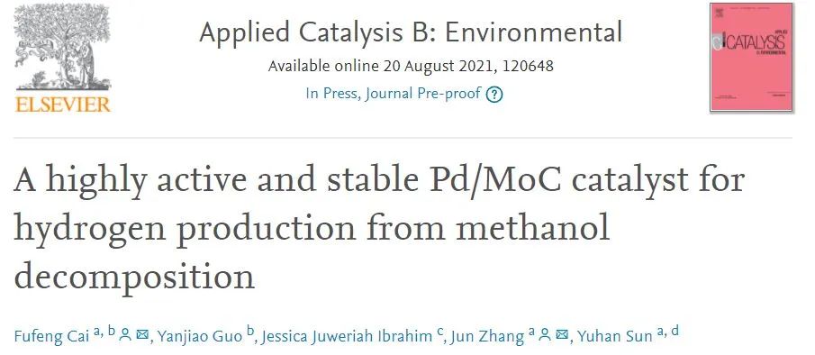 Appl. Catal. B.: 高活性和穩定的Pd/MoC催化劑用于甲醇分解制氫