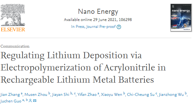 Nano Energy：通過丙烯腈電聚合調節鋰金屬電池中鋰沉積