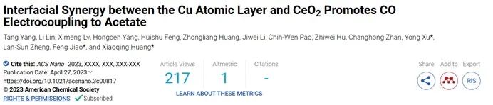 ACS Nano：Cu原子層與CeO2的界面協同作用促進CO轉化為乙酸鹽