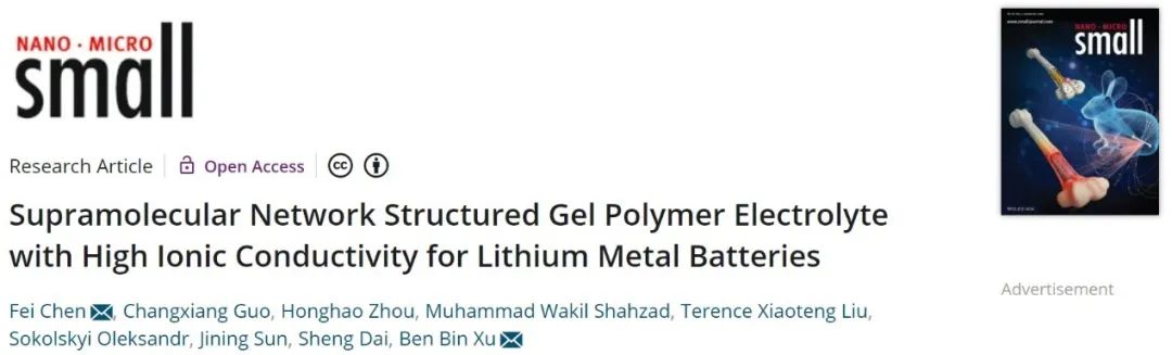 陳飛/徐斌Small：高離子電導超分子網絡結構凝膠聚合物電解質
