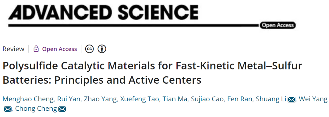 程沖/楊偉/李爽Adv. Sci.: 用于快速動力學金屬硫電池的多硫化物催化劑