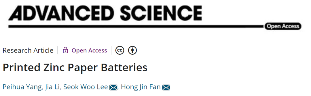 南洋理工范紅金教授Adv. Sci.: 一種可打印的紙質鋅基電池